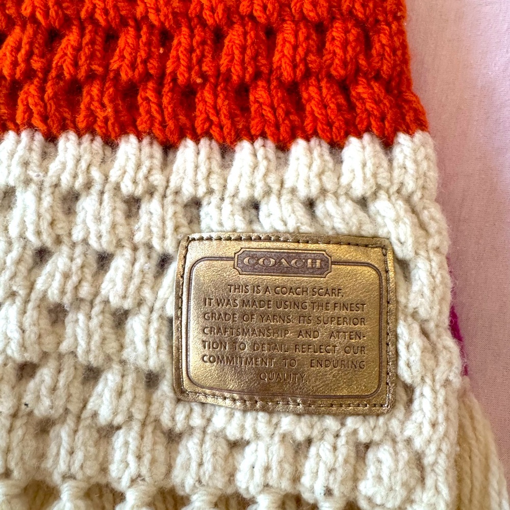 Coach knitted scarf, like new, multi color with fringe ends